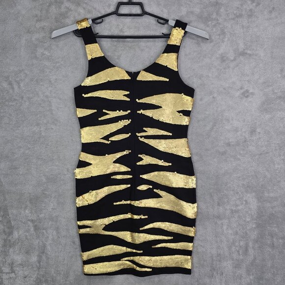Womens Outlander Evening Gold & Black Sequin Zebra Print Bodycon Dress Size S - Picture 6 of 9
